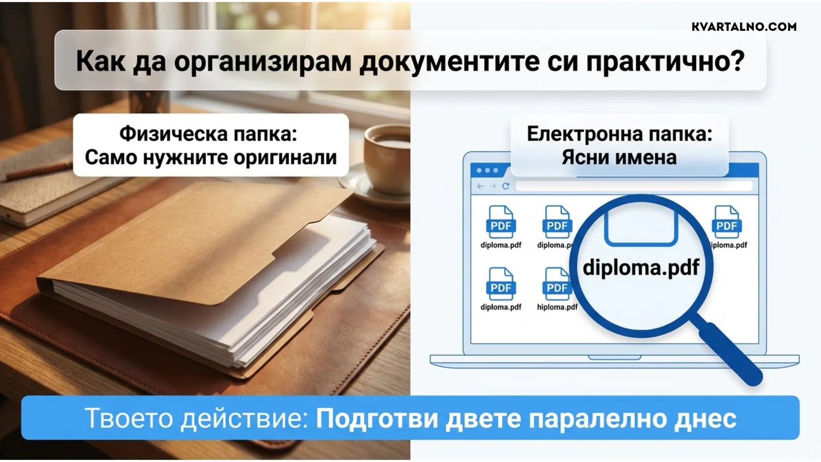 Практична организация на документите за шофьорски курс във физическа папка с оригинали и електронна папка с ясни имена