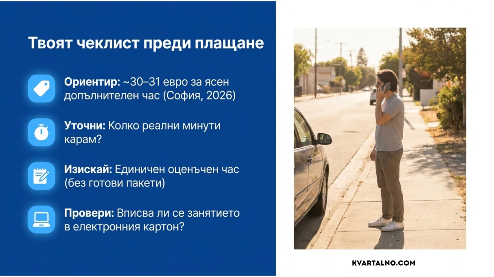 Чеклист преди плащане за допълнителни часове: цена, реални минути, оценъчен час и вписване в електронния картон