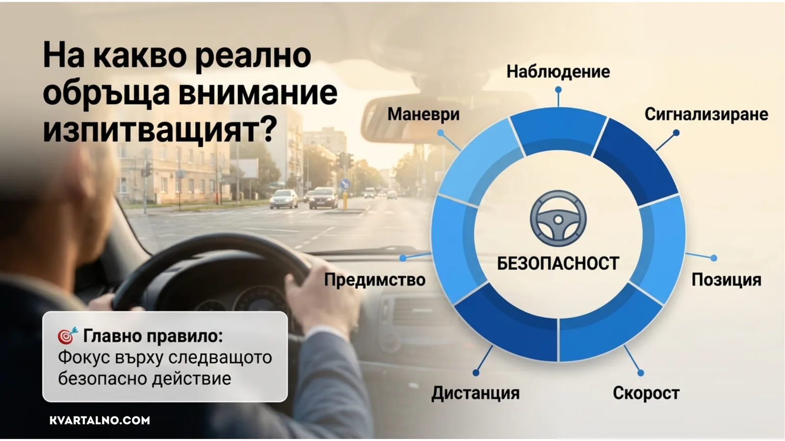 Основни критерии на практическия изпит: наблюдение, сигнализиране, позиция, скорост, дистанция, предимство и маневри