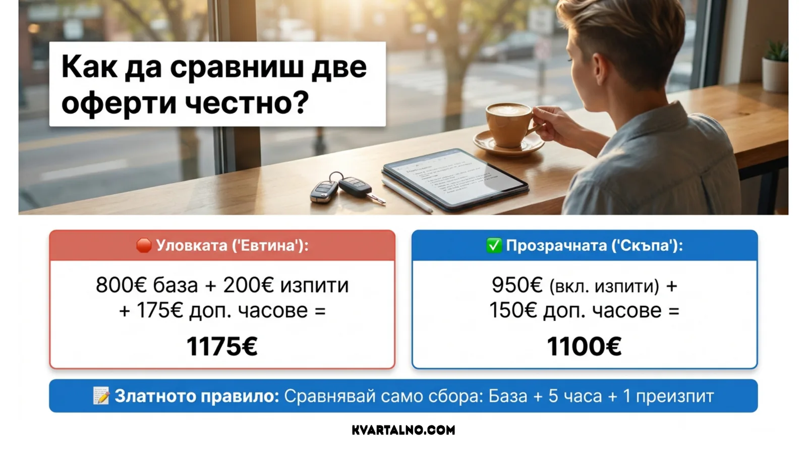 Честно сравнение на две оферти за шофьорски курс чрез общата цена с изпити, допълнителни часове и повторно явяване